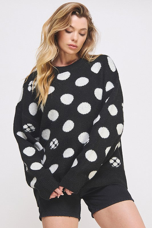 Plus Size Polka Dot Long Sleeve Knit Sweater