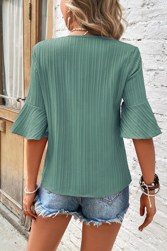 Women's Ruffled V Neck Textured Top