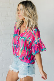 Women's Brushwork Print V Neck Blouse