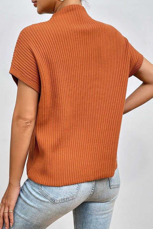 Women's Short Sleeve Ribbed Knit Sweater with Pocket