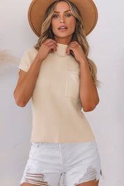 Women's Short Sleeve Ribbed Knit Sweater with Pocket