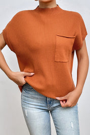 Women's Short Sleeve Ribbed Knit Sweater with Pocket