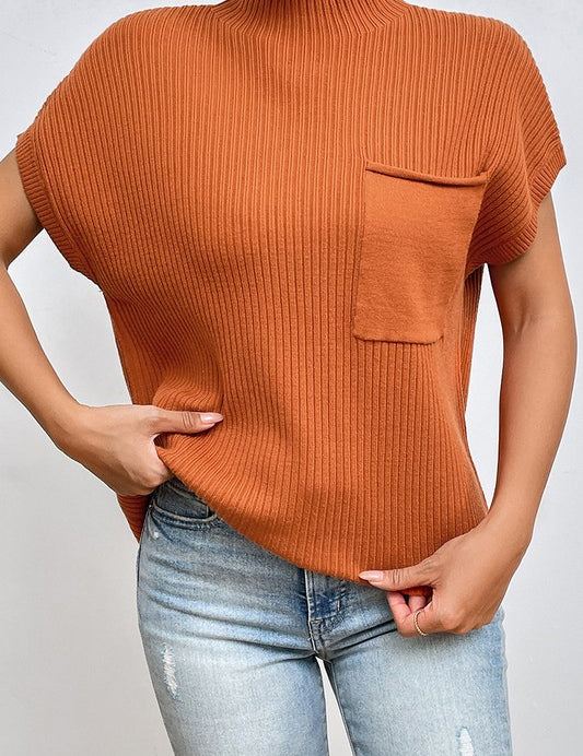 Women's Short Sleeve Ribbed Knit Sweater with Pocket