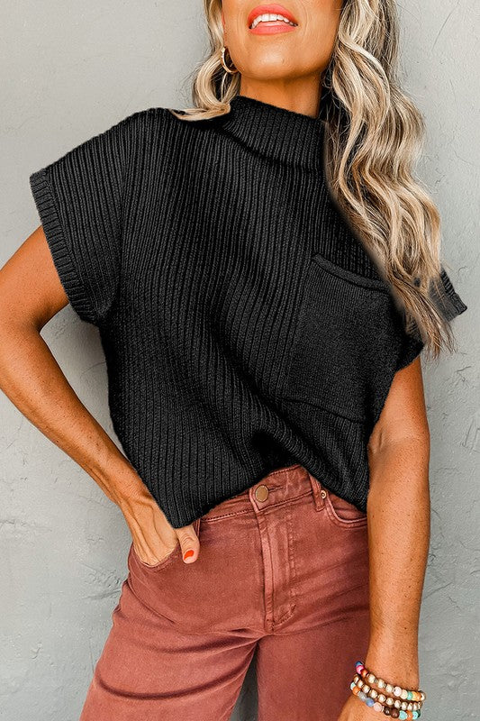 Women's Short Sleeve Ribbed Knit Sweater with Pocket