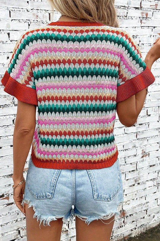 Women's Colorful Textured Sweater with Ruffle Sleeves