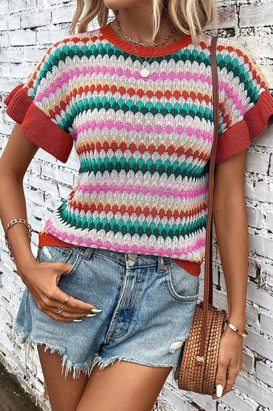 Women's Colorful Textured Sweater with Ruffle Sleeves