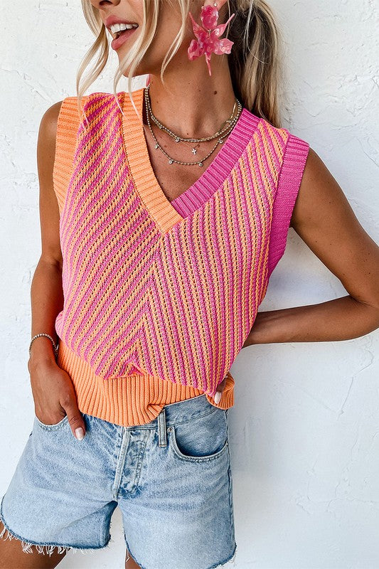 Women's V Neck Chevron Knit Sweater Vest