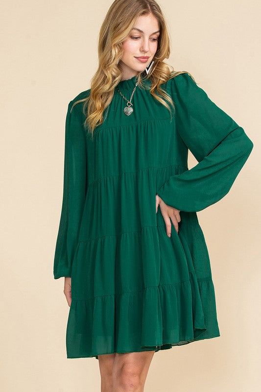 Women Puff Sleeve Mock Neck Back Knot Tiered Dress