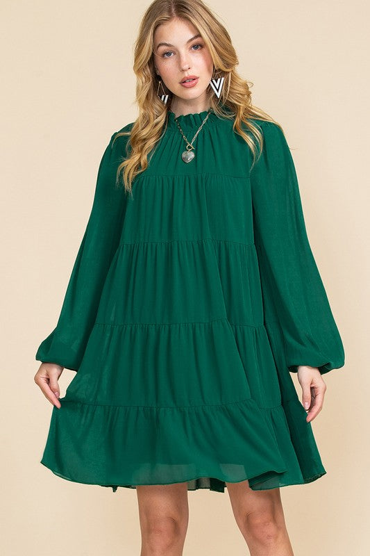 Women Puff Sleeve Mock Neck Back Knot Tiered Dress