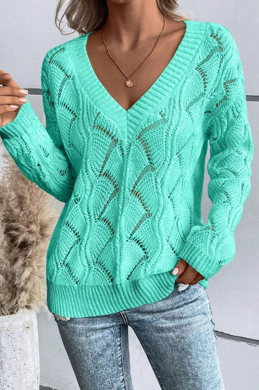 Women's Chic Hollow-Out V-Neck Drop Shoulder Sweater