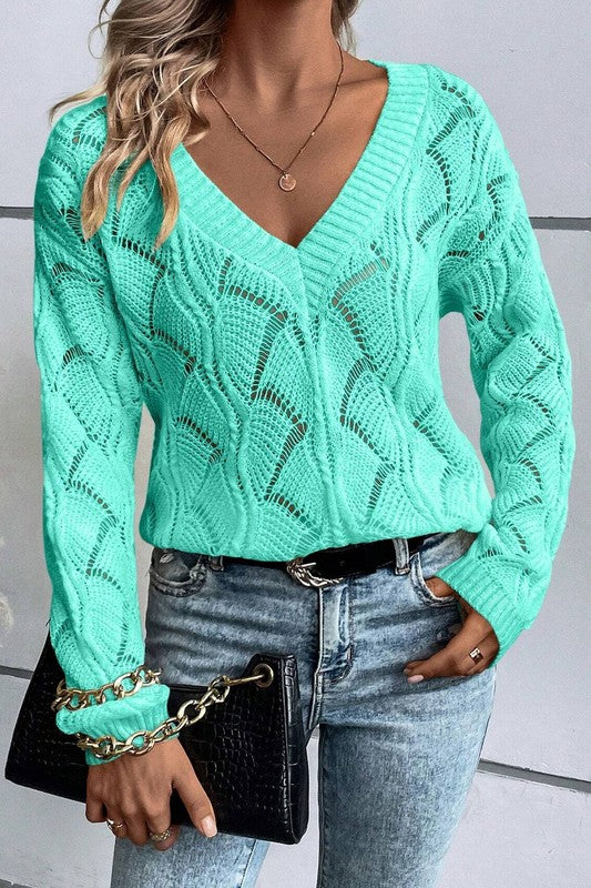 Women's Chic Hollow-Out V-Neck Drop Shoulder Sweater