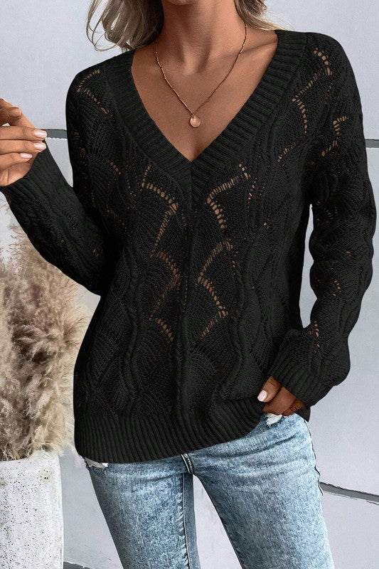 Women's Chic Hollow-Out V-Neck Drop Shoulder Sweater