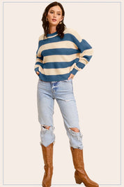 Women's Striped Loose Fit Round Neck Sweater