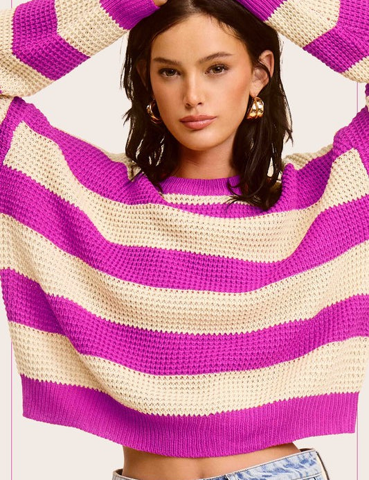 Women's Striped Loose Fit Round Neck Sweater