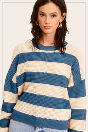 Women's Striped Loose Fit Round Neck Sweater