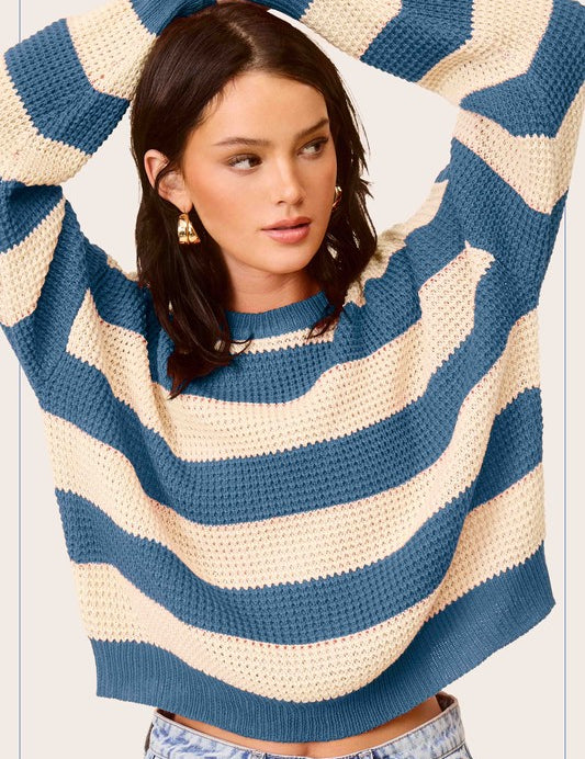 Women's Striped Loose Fit Round Neck Sweater