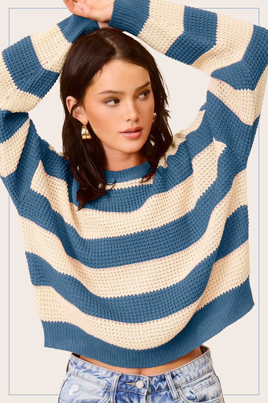 Women's Striped Loose Fit Round Neck Sweater