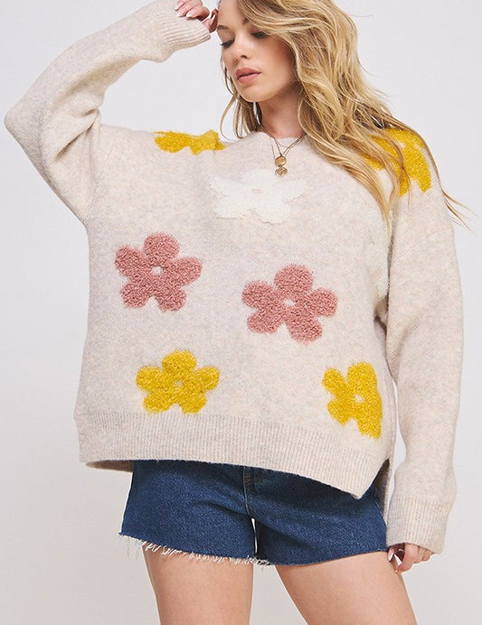 Plus Size Oversized Floral Graphic Knit Sweater