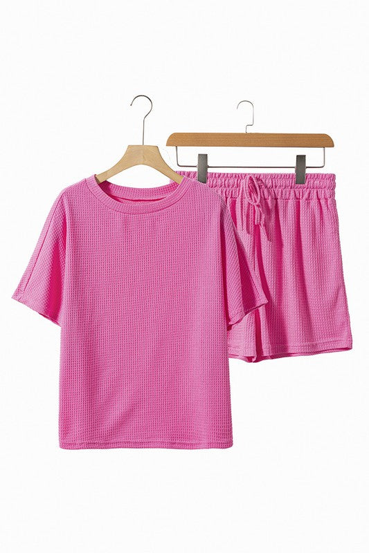 Women's Textured Waffle Knit Tee and Drawstring Shorts Set