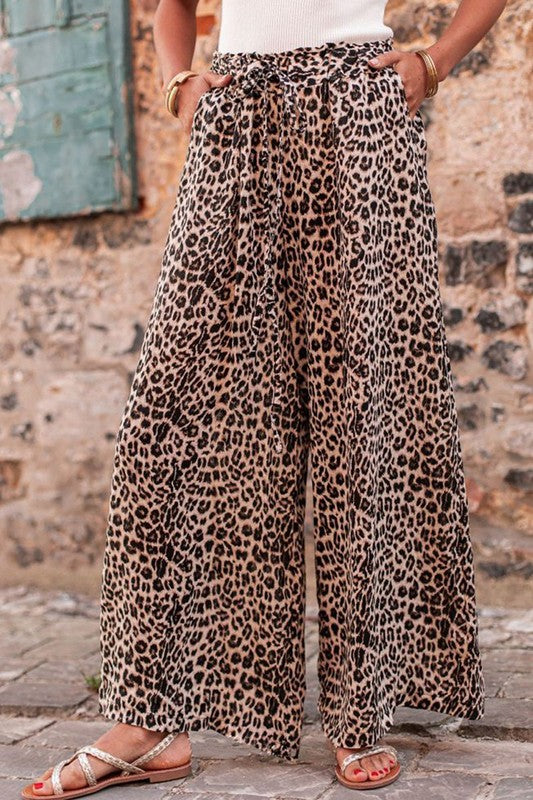 Women Desert Palm Boho Leopard Wide Leg Pants