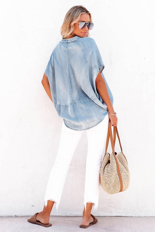 Women's Sky Blue Oversized Denim Blouse