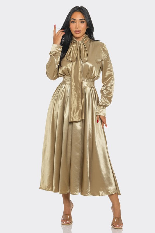 Women's Elegant Satin Bow-Tie Midi Dress