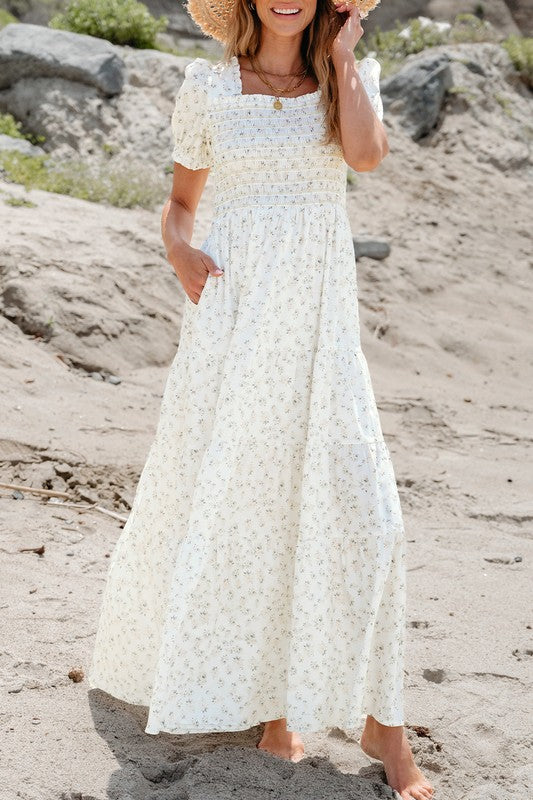 Women's Floral Maxi Dress with Shirred Bodice and Puff Sleeves