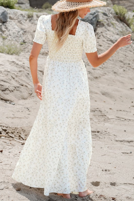 Women's Floral Maxi Dress with Shirred Bodice and Puff Sleeves