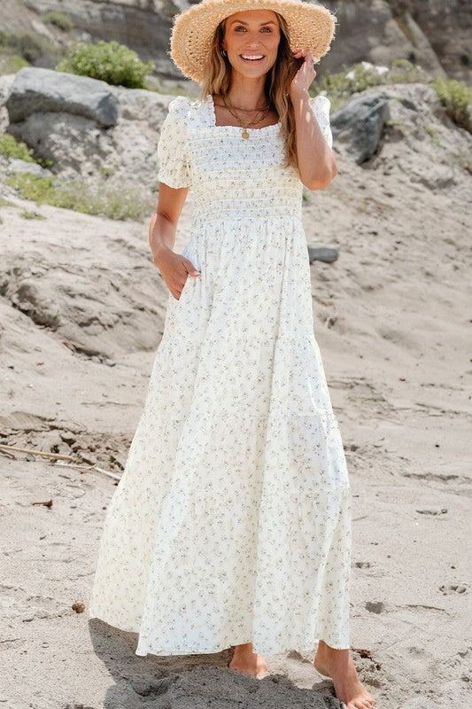 Women's Floral Maxi Dress with Shirred Bodice and Puff Sleeves