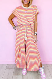 Women Tee Tasseled String Wide Leg Pants Set