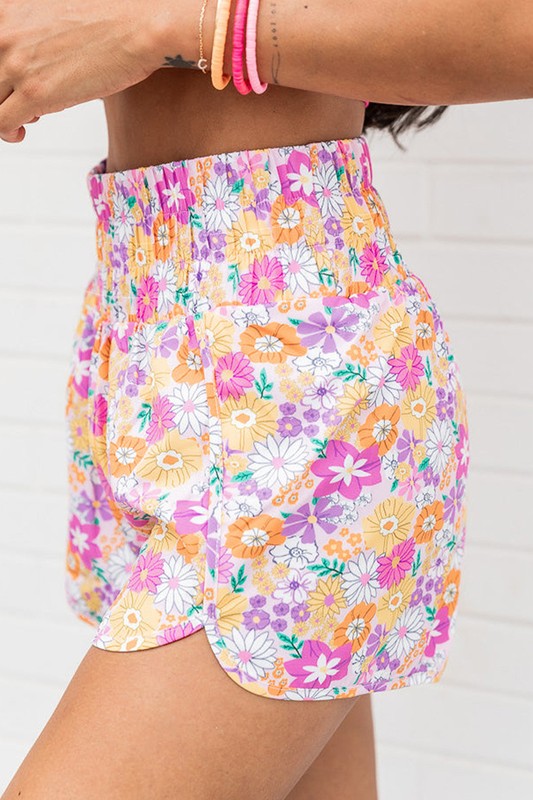 Women Boho Floral Shirred High Waist Casual Shorts