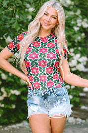 Women Retro Floral Print Crew Neck T Shirt