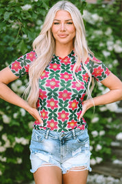 Women Retro Floral Print Crew Neck T Shirt