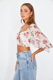 Women's Chic Floral Chiffon Balloon Sleeved Bustier Crop Top