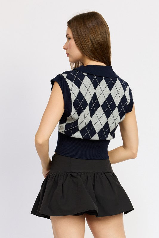 Women's Argyle Cropped Cotton Vest