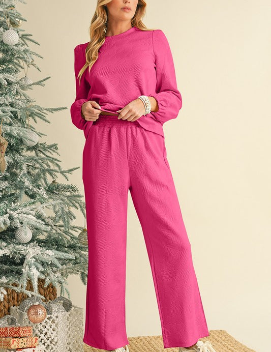 Women's Textured Puff Sleeve Top and Pants Set