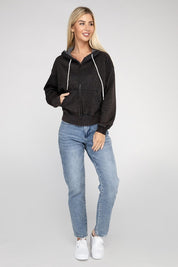 Women's Relaxed Fit Acid Wash Fleece Cropped Zip-Up Hoodie