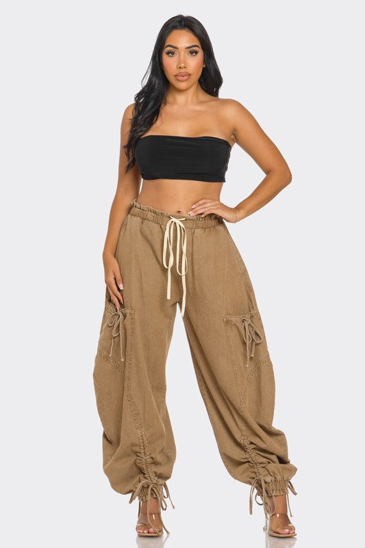 Women's Relaxed Fit Denim Cargo Pants with Drawstring