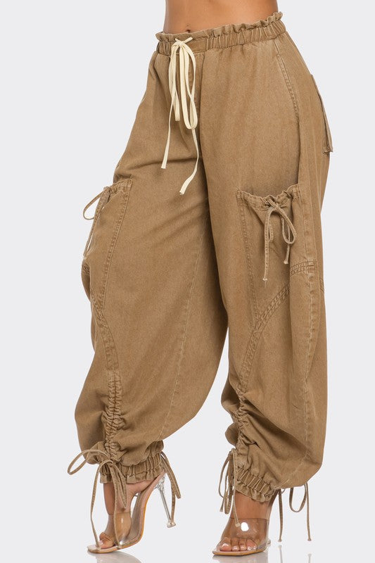 Women's Relaxed Fit Denim Cargo Pants with Drawstring