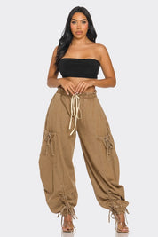 Women's Relaxed Fit Denim Cargo Pants with Drawstring