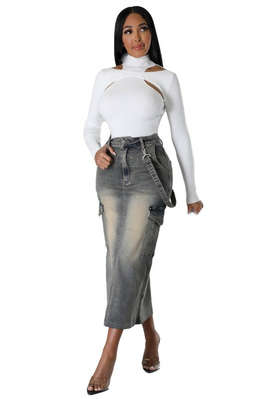 Women's Cargo Style Denim Maxi Skirt