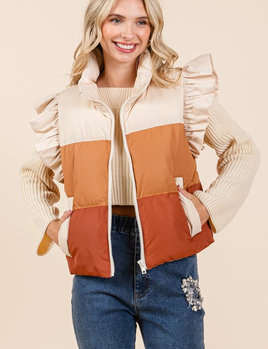 Color Block Ruffle Trim Puffer Vest