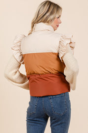 Color Block Ruffle Trim Puffer Vest