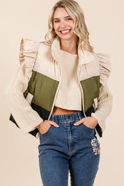 Color Block Ruffle Trim Puffer Vest