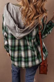 Women's Hooded Plaid Shacket with Chest Pocket