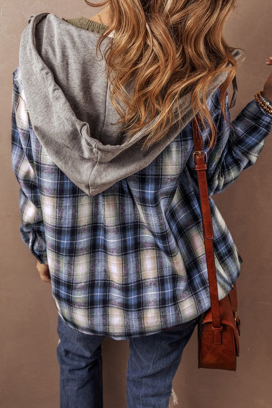 Women's Hooded Plaid Shacket with Chest Pocket