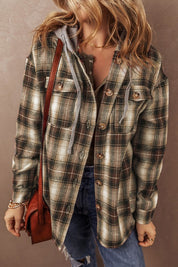 Women's Hooded Plaid Shacket with Chest Pocket