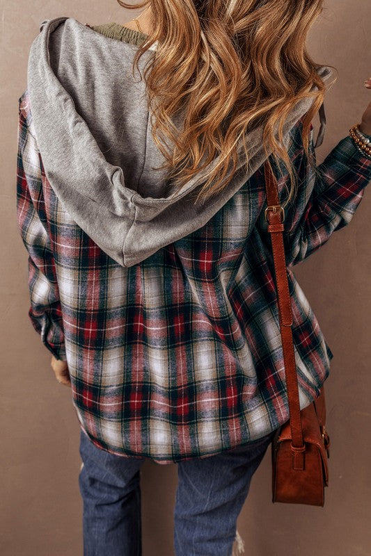 Women's Hooded Plaid Shacket with Chest Pocket