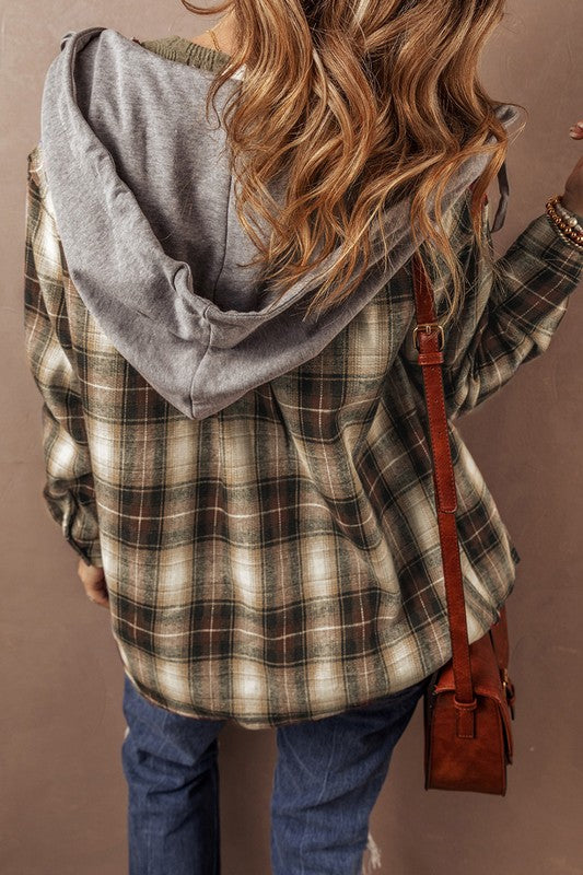 Women's Hooded Plaid Shacket with Chest Pocket