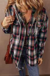 Women's Hooded Plaid Shacket with Chest Pocket